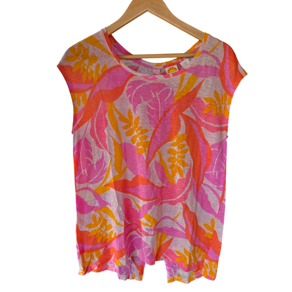 C&C California Linen Top Pink Orange Floral Button Back Sleeveless Blouse‎